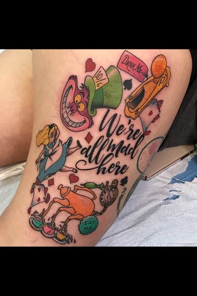 Positive Mindset Tattoo, Mindset Tattoo, Alice In Wonderland Sleeve, Disney Inspired Tattoos, Disney Sleeve Tattoos, Alice And Wonderland Tattoos, Girl Thigh Tattoos, Bright Tattoos, Money Tattoo