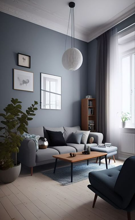 Minimalist Living Room Blue, Blue Grey Living Room, Interior Paint Colors For Living Room, Room Color Combination, Scandinavian Living Room, Living Room Wall Color, Apartment Living Room Design, Living Room Decor Inspiration, Scandinavian Living