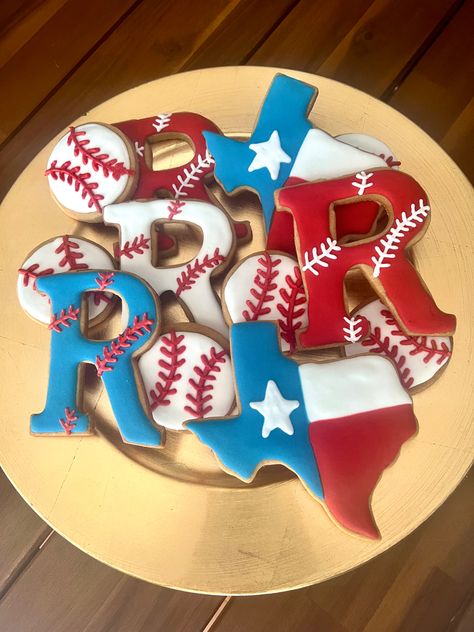 Sins Virtues made a custom order for a friend and they turned out so cute! Texas Rabgers Baseball never tasted so good! Texas Rangers, Sugar Cookies Decorated, Sugar Cookies, Turn Ons