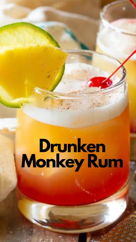 This vibrant tiki drink from the Caribbean has a fun name and lively flavors. The drunken monkey cocktail uses spiced rum and coconut rum to create a well-balanced flavor. #DrunkenMonkeyRum Bumbu Rum Cocktails, Bumbu Rum, Dark Rum Drinks, Coconut Rum Recipes, Monkey Cocktail, Pineapple Rum Drinks, Spiced Rum Recipes, Rum Drinks Easy, Spiced Rum Drinks