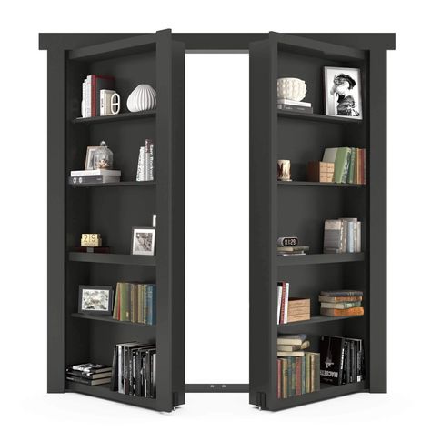 Hidden French Door Bookcase - Murphy Door Secret Room Ideas, Hidden Bookshelf Door, Hidden Door Ideas, Hidden Bookcase, Bookshelf Door, Murphy Door, Black Bookcase, Stained Doors, Bookcase Door