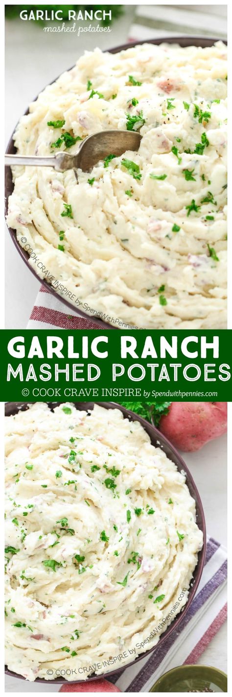 Garlic Ranch Mashed Potatoes are rich and creamy and totally full of flavor! This comforting side dish can easily be made ahead of time and heated or kept warm in the oven! by @spendpennies Mashed Potatoes With Ranch Seasoning, Ranch Mashed Potatoes Recipe, Seasoned Mashed Potatoes, Ranch Mashed Potatoes, Garlic Ranch, Mash Potato, Ranch Mix, Creamy Ranch, Diy Easy Recipes