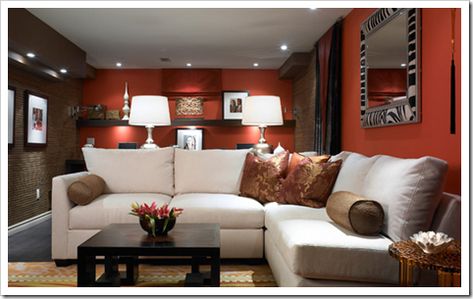 How to Choose a Basement Colour | Maria Killam | True Colour Expert | Decorator Basement Colors, Candice Olson, Small Basements, Living Room Red, Basement Makeover, Orange Walls, Ideas Hogar, Room Paint Colors, Family Room Decorating