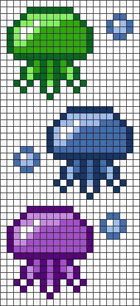 Water Perler Beads, Pixel Art Pattern Jellyfish, Pikcells Art, Sea Animals Pixel Art, Jellyfish Grid Pattern, Grid Pattern Art, Cute Hama Beads Patterns, Shark Pixel Art Grid, Jellyfish Perler Beads