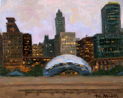 Chicago Skyline Painting, Chicago Watercolor, Chicago Painting, Millennium Park Chicago, Apartment Painting, Chicago Summer, Chicago Poster, Skyline Painting, Bathroom Artwork