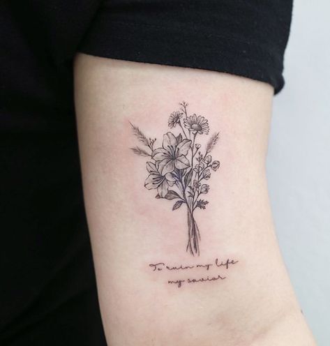 Flower Bouquet Tattoo With Words As Stem, Side Upper Arm Tattoos For Women, Flowers With Writing Tattoo, Birthday Bouquet Tattoo, Flower And Writing Tattoo, Wildflower Bouquet Tattoo Forearm, Flower Bouquet Tattoo Back, Flower Tattoo With Writing, Flower Bunch Tattoos