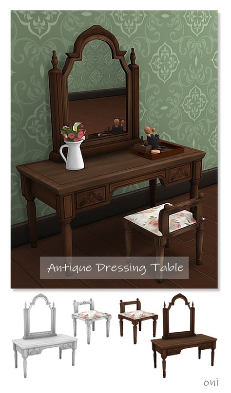 Antique Dressing Table | O-ni on Patreon Maxis Furniture Cc, Ts4 Cc Cottagecore Furniture, Sims 4 Cc Hanging Clothes Patreon, Sims 4 1800s Furniture, Sims 4 1890s Furniture, Sims 4 Couch Cc Maxis Match, Ts4 Antique Cc, Sims 4 Cc Maxis Match Vintage Furniture, Ts4 Cc Victorian Furniture