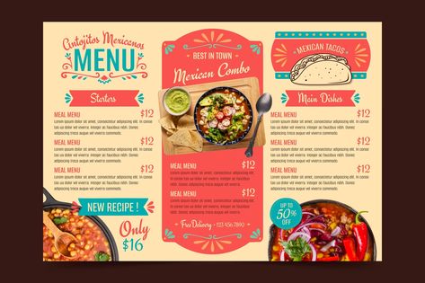 Taco Bueno, Booklet Design Layout, Mexican Food Menu, Tacos Menu, Taco Meal, Tacos Mexicanos, Mexican Menu, Restaurant Menu Template, Food Menu Design