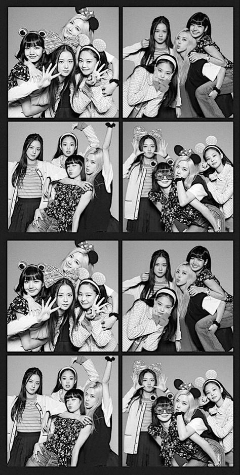 Blackpink Photobooth, Blackpink Group Photo Black And White, Blackpink Wallpaper Black And White, Blackpink Group Photo Aesthetic, Picture Of Blackpink, Black And White Group Photo, Blackpink Edit Photo, Blackpink Black And White, Korean Photobooth