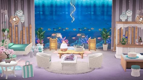 A Window To The Sea Acnh, Acnh Mermaid Bathroom, Acnh Underwater Room, Mermaid Room Acnh, Animal Crossing Mermaid Room, Husband And Wife Room Ideas, Acnl Paintings, Ocean Room Ideas, Mermaid Theme Room