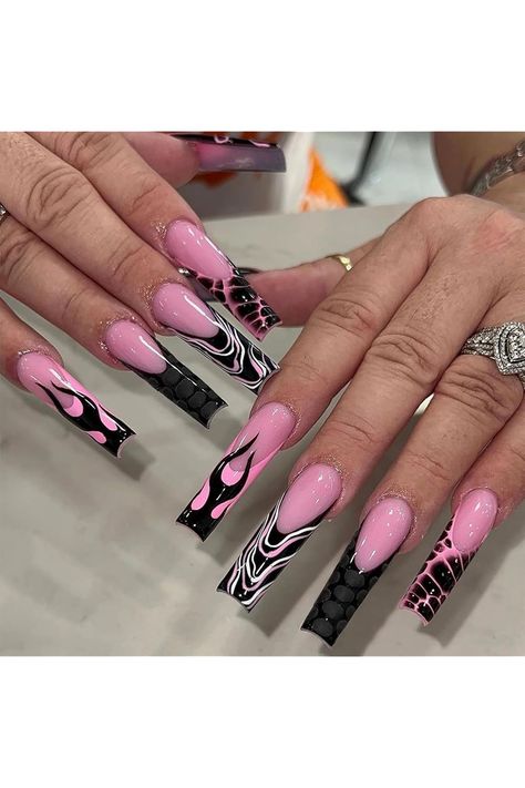 MISUD Press on Nails Long Square Fake Nails Glossy Glue on Nails Pink Black Flame Acrylic Nails Squoval Artificial Nails Goth Y2K French Tip Stick on False Nails with Design 24 pcs