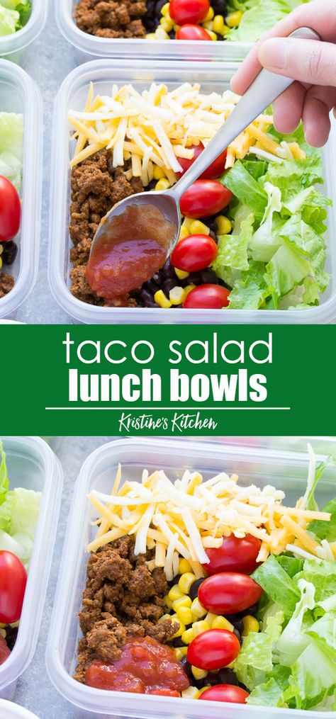 Meal Prep Taco Salad Lunch Bowls that you can make ahead! These easy taco salads are filled with taco beef, lettuce, cheese, black beans, corn and salsa! Sub chicken in this healthy recipe or leave out the meat for vegetarian meal prep. #taco #salad #mealprep #lunchideas Meal Prep Taco Salad, Taco Salad Lunch, Diet Salads, Taco Beef, Lunchbox Food, Taco Salat, Lunch Bowls, Clean Meal Prep, Salad Lunch