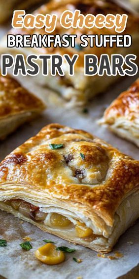 These Easy Cheesy Breakfast Stuffed Pastry Bars! These deliciously flaky pastry bars are filled with gooey cheese and your choice of savory fillings, making them the perfect grab-and-go breakfast or… Breakfast Puff Pastry, Stuffed Pastry, Breakfast Pastry Recipes, Carrot Cake Cheesecake Recipe, Cheesy Breakfast, Peach Pound Cakes, Cheese Puff Pastry, Easy Carrot Cake, Grab And Go Breakfast