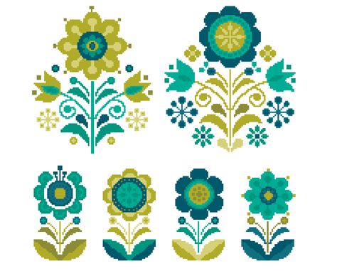 FREE CROSS STITCH PATTERN – Retro Folk Art Flowers – PDF chart by Vivsters 101 Monogram Cross Stitch, Stitch Witchery, Polish Folk Art, Cross Stitch Geometric, Folk Art Flowers, Flower Collection, Cross Stitch Patterns Flowers, Cross Stitch Heart, Simple Cross Stitch