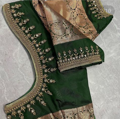 Green Blouse Designs For Saree Bridal, Green Blouse Aari Work Designs, Exclusive Blouse Designs, Magam Work Designs, Green Blouse Designs, Baby Cast, Magam Work, Blue Blouse Designs, Latest Bridal Blouse Designs