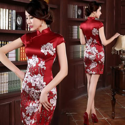 Floral silk red traditional Chinese mandarin collar wedding dress | Modern Qipao Chinese Collar Dress, Collar Wedding Dress, Chinese Wedding Dress Traditional, Chinese Clothing Traditional, Mandarin Dress, Chinese Mandarin, Modern Qipao, Chinese Wedding Dress, Chinese Style Dress