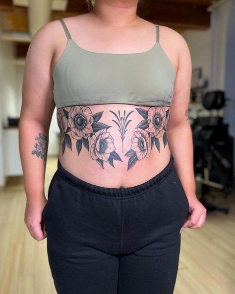 Belly Tattoos For Women Plus Size, Plus Size Belly Tattoo, Women’s Stomach Tattoo, Stomach Tattoos Women Plus Size, Plus Size Stomach Tattoo, Upper Stomach Tattoos, Tattooed Plus Size Women, Symmetrical Stomach Tattoo, Plus Size Tattoo