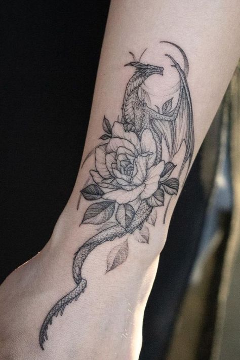 Dragon With Flowers Tattoo, Dragon Tattoo With Flowers, Dragon With Flowers, Pretty Dragon, Blue Ink Tattoos, Black Dragon Tattoo, Tattoo On Wrist, Dragon Tattoo Ideas, Red Dragon Tattoo