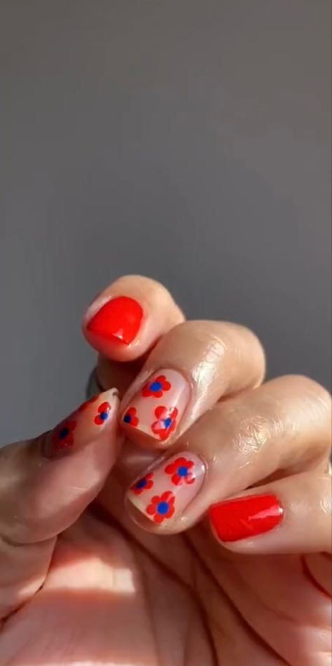 Red Blue Nails, Red Nail Colors, Futuristic Nails, Blue Prom Nails, Hang Nguyen, Cute Nail Polish, Red Nail Designs, Pearl Nails, Red Nail