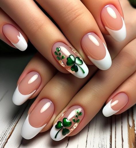 Irish French Tip Nails, St Patricks Day Nails Design Almond, Classy St Pattys Nails, St Patrick's Day Nail Art Designs, St Patrick’s Day Nails Almond, St Pattys Day Nails Almond, St Paddys Day Nails Art Designs, Paddy’s Day Nails, Elegant St Patricks Day Nails