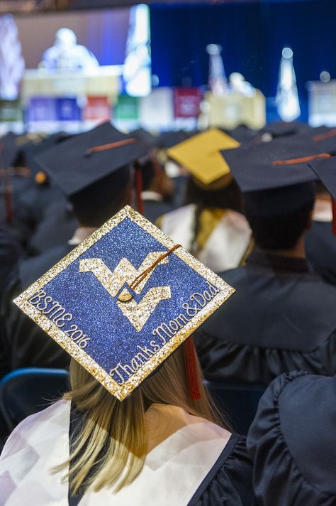 Wvu Graduation Cap, Grad Party Ideas, Caps Ideas, Wvu Mountaineers, High School Graduation Cap, Grad Hat, Graduation Pics, Virginia University, Graduation 2024