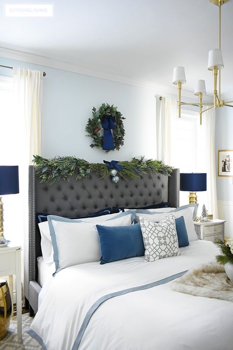 Create a gorgeous, luxurious Christmas bedroom you'll never want to leave with beautiful bedding and festive holiday greenery! #bedroom #christmas #christmasdecor #christmasbedroomideas #decoratingideas #christmaswreath #christmasgarland Grey Luxury Bedroom, Greenery Bedroom, Holiday Bed, Luxurious Christmas, Bedroom Christmas, Holiday Greenery, Christmas Bedding, White Christmas Decor, Christmas Bedroom