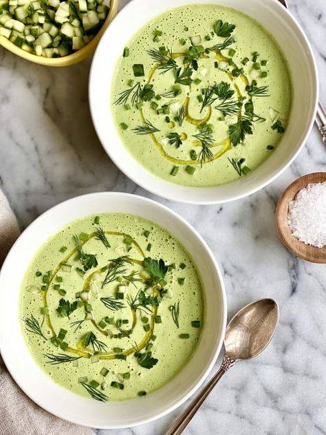 bowls of cucumber soup with spoon and salt Roasted Shishito Peppers, Cucumber Soup, Herb Soup, Ideal Protein Recipes, Cold Soup, Ideal Protein, Refreshing Food, Yogurt Recipes, Persian Style