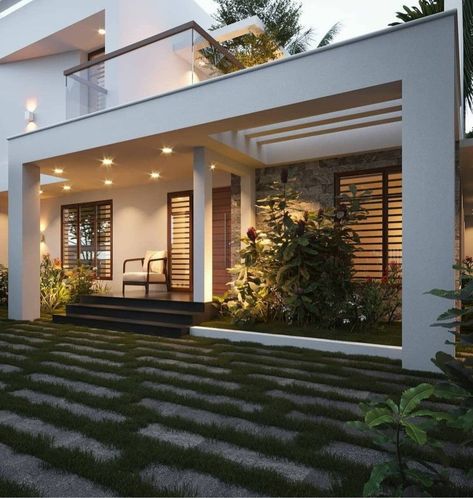 Stylish home entrance with stairs, grassy floor, a small lawn on side decor ideas Home Sitout Ideas, Sitout Designs Modern, Portico Design Indian, Sitout Ideas, Indian House Exterior Design, House Design Exterior, Kerala House Design, House Design Pictures, Kerala Houses