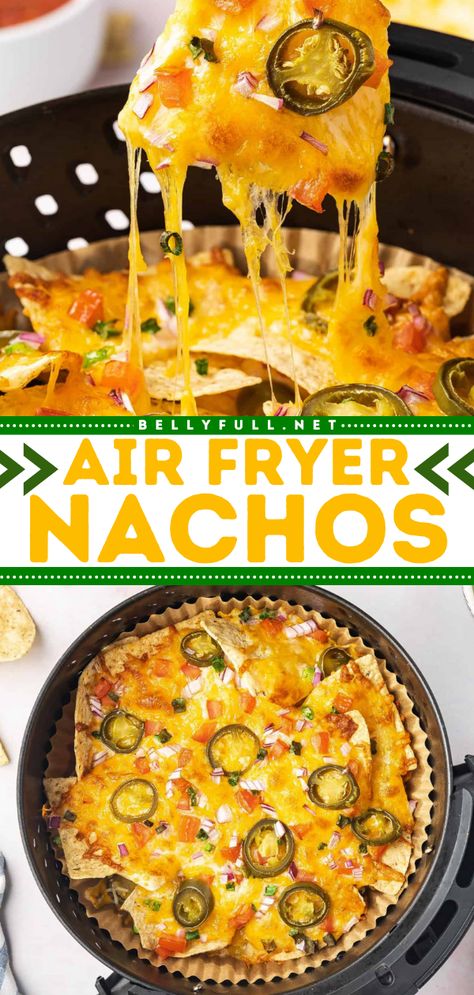 You'll love these Air Fryer Nachos and cheese on your game day party ideas! One of the best among easy air fryer snacks out there! It's made with tortilla chips, cheese and toppings you can customize, and ready in just 10 minutes! Try this tailgating food! Ninja Air Fryer Nachos, Air Fryer Chicken Nachos Recipe, Air Fried Nachos, Air Fryer Dorito Nachos, 21 Layer Air Fryer Nachos, Nacho Airfryer, Fried Quesadilla Nachos, Air Fryer Nachos Recipes, Air Fryer Chicken Nachos