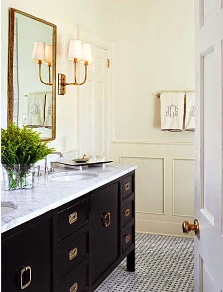 Carrara marble counter with dark espresso vanity and creamy/ light yellow walls. Visit globalgranite.com for your natural stone needs. Masculine Bathroom Decor, Masculine Bathroom, Bad Inspiration, Black Vanity, Black And White Tiles, Subway Tiles, Black Cabinets, Bathroom Renos, Bath Remodel