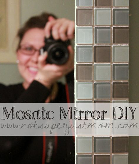 Do It Herself: How to Mosaic Tile A Mirror - Caffeine and Cabernet Tile Mirror Frame Diy, Bathroom Mirror Frame Tile, Lighting Ideas Bathroom, Diy Tiling, Tile Mirror Frame, Bathroom Mosaic, Tile Border, Tiled Bathroom, Mirror Tile