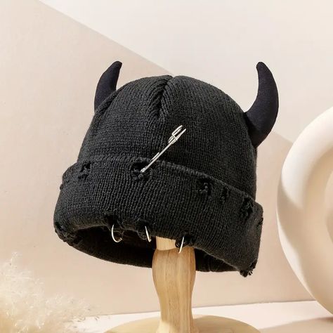 Trendy Ripped Couple Beanie With Horns Unisex Solid Color Knit Hip Hop Cuffed Skull Elastic Beanies For Women & Men - Temu Bike Wagon, Mens Knit Beanie, Custom Bunny, Men's Knit, Black Sweater, Skull Cap, Knit Hat, Hat Fashion, Horn