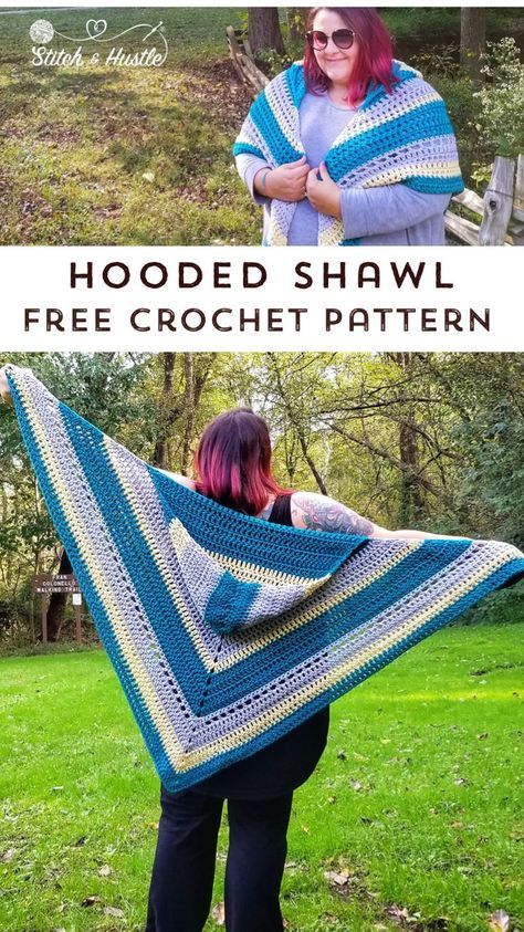 Woodward Hoodie Shawl - free crochet pattern and chart from Stitch & Hustle Crochet Cowl Shawl Pattern Free, Simple Crochet Shawl Pattern, Hooded Crochet Shawl, Crochet Shawl Beginner, Free Crochet Patterns Shawl, Crochet Shawl Pattern Free Triangles, Shawl With Hood, Triangle En Crochet, Hooded Shawl