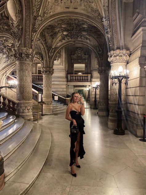 Opera Garnier, paris, paris opera house, black dress, paris fashion, night out Midnight In Paris Dress, Outfits For Opera Night, Paris Opera Outfit, Opera Garnier Paris Outfit, Night In Paris Outfit Dresses, Opera Night Outfit, Opera House Outfit, Paris Night Outfit, Opera Outfits