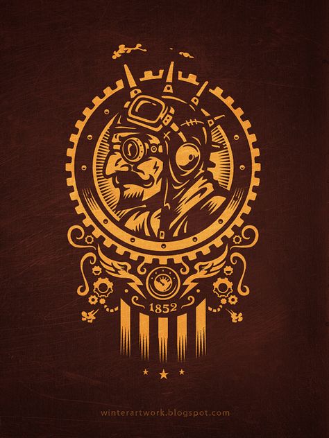 Steam Punk 1852 by Winter. Golden, warm, rich colours. centred and symmetrical design. I like how the shaded/darker edges draw attention to the centre image Winter Artwork, Steampunk Design, Steampunk Art, Art Video, Dieselpunk, Graphic Design Logo, Graphic Illustration, Shirt Design, Vector Art