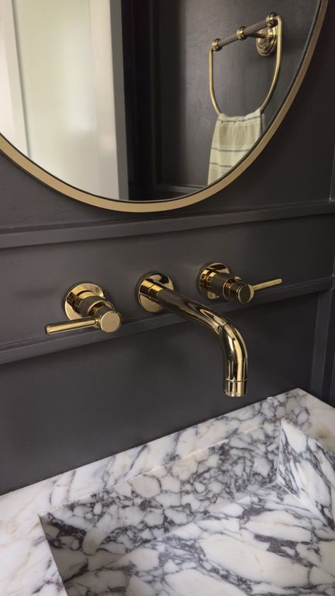 Gold Hardware for Moody Powder Room Jamie Rose Interiors, Modern Organic Powder Room, Moody Powder Bath, Powder Room Mirror Ideas, Amber Interiors Bathroom, Marble Sink Powder Room, Dark Powder Room, Powder Room Inspiration, Modern Organic Bathroom