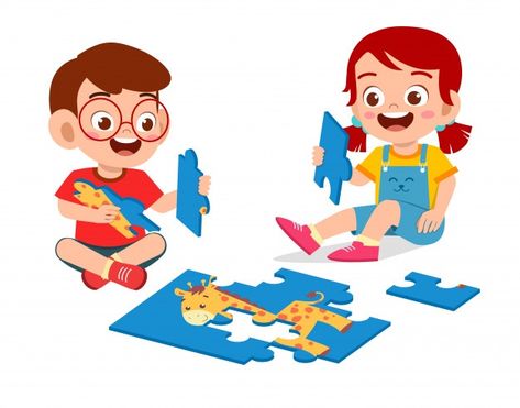 Happy cute little kid boy and girl play jigsaw puzzle | Premium Vector Flashcards For Kids, Kid Boy, Kids Behavior, Cute Clipart, Cartoon Background, Toddler Learning Activities, Christmas Drawing, Girls Play, Boy And Girl