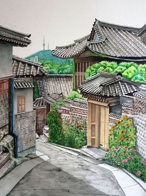 Art Of Korea, Asian Landscape, Urban Painting, Perspective Drawing Architecture, Asian Painting, Architecture Drawing Art, Architectural Sketch, Small Drawings, Watercolor Painting Techniques