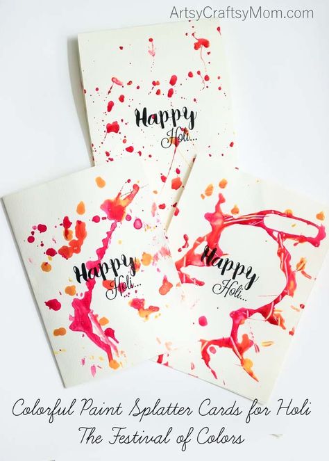 Colorful Paint Splatter cards for Holi - The Festival of Colors. Indulge in some pre-Holi fun by splashing colors on paper! Gorgeous, open-ended & each, unique. Holi Card, Holi Painting, Around The World Crafts For Kids, Crafts From Around The World, Holi Theme, New Year Kids, Quotes New Year, Diwali Crafts, Holi Gift