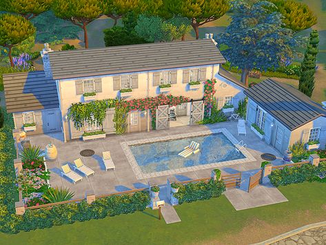 here is a cozy and bright country cottage for your Sims this lot has 3 bed and 2 bathrooms as well as a lovely pool area the size of the lot is 30 x 20 Sims 4 Lake House, Cottage Sims 4, Sims Layout, Ts4 Builds, Cottages With Pools, Cc Shopping, Sims Houses, Sims 4 House Design, Willow Creek