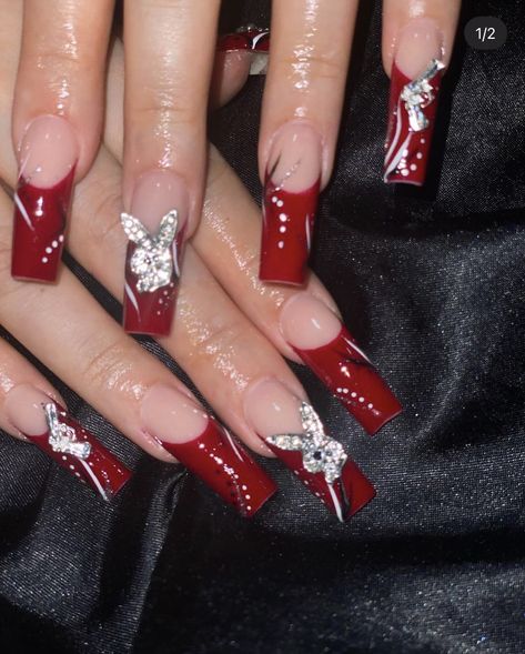 90s Nails, Tapered Square Nails, Red French, Broken Nails, Cherry Nails, Modern Nails, Tip Nails, Unique Acrylic Nails, Long Square Acrylic Nails