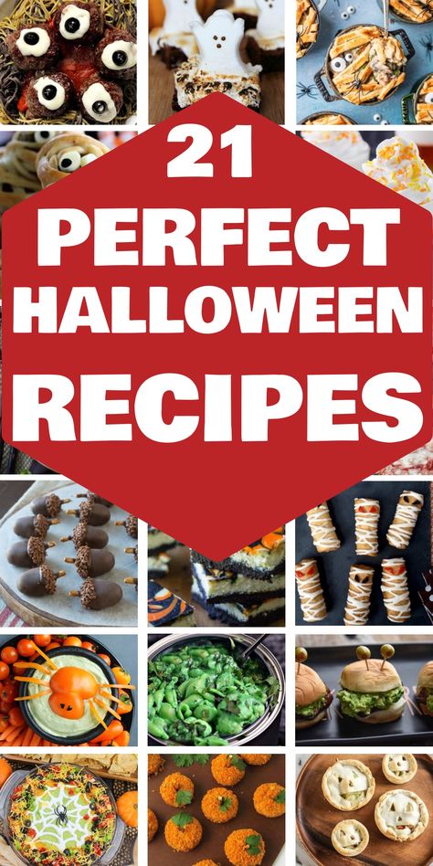 21 perfect Halloween recipes in a collage with spooky-themed foods. Spooky Appetizers For Halloween Party, Easy But Impressive Dinner, Spooky Halloween Dishes, Halloween Main Dish, Halloween Dinner Recipes, Party Main Dish, Halloween Cheesecake, Halloween Themed Snacks, Halloween Food Dinner