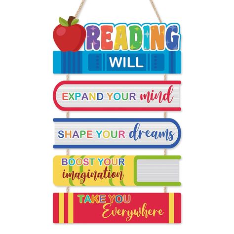 PRICES MAY VARY. [Perfect Size]:This reading corner decor is measured 29cm*55cm (11.4*21.5”) , which is very suitable for hanging on the classroom wall or study room to create a positive learning atmosphere. [Positive Classroom Decor]:This library sign consists of book-style boards and motivational text.Colorful colors and cute elements decorating the reading corner or bulletin board can add fun to the classroom [Creative Gifts]:Are you looking for fun and practical gifts?If your family or frien Reading Corner Design Classroom, Colorful Reading Corner, Reading Corner Quotes, Apple Classroom Decorations, Reading Classroom Decorations, Library Wall Decor, Program Poster, Reading Corner Classroom, Apple Classroom