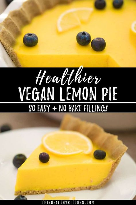 Here's a simple and delicious vegan lemon pie recipe that is easy to make, with a filling that's ready in 5 minutes. No bake, healthy compared to most, and incredibly tasty and tart! Vegan Lemon Pie, No Bake Lemon Pie, No Bake Healthy, Healthy Pies, Lemon Pie Recipe, Bake Healthy, Lemon Pie Filling, Pie Filling Recipes, Vegan Pie