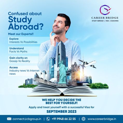 Navigating Study Abroad Choices? Let Our Experts Guide You. Connect with Career Bridge Group for Complimentary Counseling. Study Abroad Ads, Immigration Meme, Study Abroad Poster Design, Study Abroad Creative Ads, Counselling Poster, Study Abroad Poster, Education Advertising, Travel Advertising Design, Study Abroad Travel