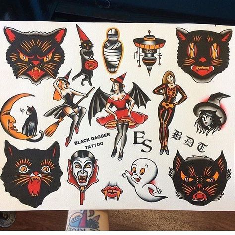 Reasons Why It’s Awesome to Get a Tattoo Traditional Tattoo Halloween, Halloween Tattoo Flash, Halloween Flash, Black Cat Tattoos, Omerta Tattoo, Retro Tattoos, Witch Tattoo, Spooky Tattoos, Halloween Tattoo