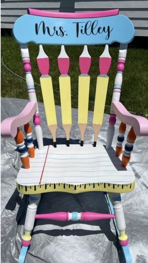 Classroom Rocking Chair Teachers, Teacher Painted Chair, Teacher Stools Painted Diy, Teacher Rocking Chair Painted, Painted Teacher Stool, Classroom Rocking Chair, Teacher Rocking Chair, Teacher Art Projects, Teacher Rocking Chairs