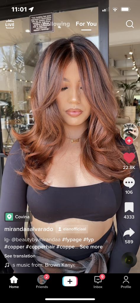 Honey Copper Balayage On Dark Hair, Copper Balayage Tan Skin, Cooper Hair Color On Olive Skin, Auburn Hair Tanned Skin, Brown W Red Undertones, Medium Length Haircut With Texture, Copper Brown Hair Tan Skin, Honey Brown Hair With Layers, Brown Hair With Ginger Highlights Copper