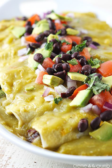 Avocado Black Bean Enchiladas Veggies Meals, Seasoned Black Beans, Green Chile Enchilada Sauce, Black Bean Enchiladas, Hispanic Kitchen, Bean Enchiladas, Enchiladas Recipe, Vegan Style, Mexican Foods