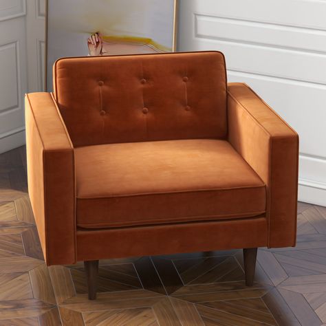 Etta Avenue™ Asma Upholstered Armchair & Reviews | Wayfair Burnt Orange Velvet, Mid Century Modern Pillows, Affordable Sofa, Mid Century Modern Armchair, Velvet Style, Dried Eucalyptus, The Den, Eucalyptus Wood, Orange Velvet